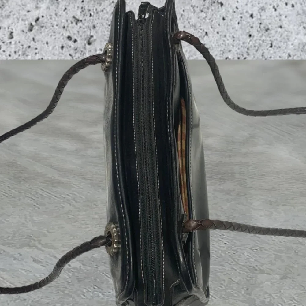 Brighton Leather Rect Shoulder Bag Purse Black and Brown Woven Straps - Picture 9 of 13